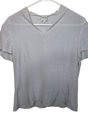 Armani Collezioni 100% Silk Flutter Sleeve Blouse Size 12 Made in Italy Gray Blu